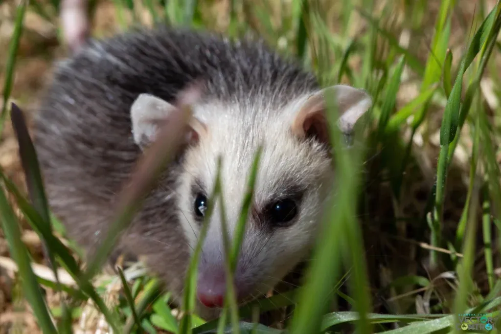 Close up of a baby opossum walking in a grass lawn